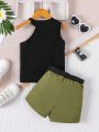 SHEIN Kids Cooltwn Toddler Girls' New Arrivals Sleeveless Cold-Shoulder Top And Olive Green Cargo Shorts With Belt Set