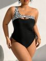 SHEIN Swim SXY Plus Size Leopard Print Monokini With Cutout One Shoulder And Sleeveless Design