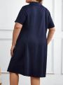 EMERY ROSE Plus Size V-Neck Button Decor Short Sleeve Solid Color Elegant Dress
