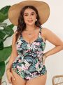 SHEIN Swim Classy Plus Size Cross Detail Tropical Print One-Piece Swimsuit