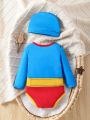Baby Boy's Contrasting Color Superman-Shaped Printed Bodysuit And Hat