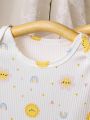 3pcs/Set Baby Girls' Solid Color And Printed Short Sleeve Bodysuit With Daisy, Sun, Face, Rainbow And Polka Dot Pattern