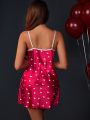 SHEIN Women's Heart Print Spaghetti Strap Chemise Nightdress