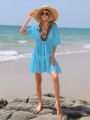 SHEIN SHEIN Swim BohoFeel Contrast Tape Batwing Sleeve Cover Up Dress