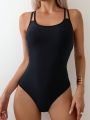 SHEIN Swim Basics Ladies' Round Ring Decorated Hollow Out Back Solid One Piece Swimsuit