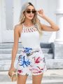 SHEIN Cut Out Halter Top & Floral Print Belted Shorts