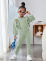 SHEIN Kids Cooltwn Toddler Girls' Ruffle Trim Sweater And Knitted Pants Set, 2pcs