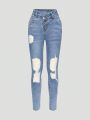 Tween Girls' Stretchy Skinny Jeans With Ripped Details And Medium Wash