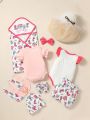 SHEIN Sweet Style Newborn Baby Girl Gift Box Set, Donut Ice Cream Candy Printed Romper And Shorts, Multiple Pieces Cute Casual Daily Wear, Spring Summer