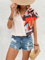 Printed Patchwork Wrap Blouse