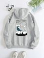 Wave Print Kangaroo Pocket Drawstring Thermal Lined Hoodie