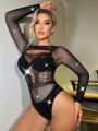 Women's Sexy Rhinestone Hot Drilling Hollow Out Mesh Bodysuit