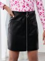 SHEIN Kids Cooltwn Big Girls' Casual Street Style Pu Leather Midi Skirt With Zipper Design