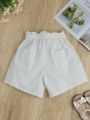 Girls' White Casual Paper Bag Waist Denim Shorts