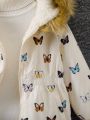 SHEIN Kids EVRYDAY Young Girl Butterfly Print Fuzzy Trim Hooded Thermal Lined Coat Without Sweater