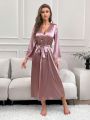 Solid Lace Cuff Belted Satin Robe