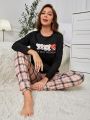 Women'S Cartoon Print Plaid Homewear Set With Long Sleeve Top And Long Pants, Family Matching Outfits Mommy And Me (4 Sets Sold Separately)