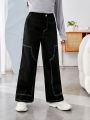 SHEIN Kids Cooltwn Girls' Casual Everyday Wide Leg Pants With Oblique Lines