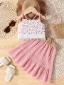 Toddler Girls' Lace Strap Retro Style Vacation Halter Top And Skirt Set For Summer