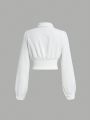 SHEIN MOD Button-down Collar Shirt With Flap Pocket And Drawstring Bottom Hem, Long Sleeve