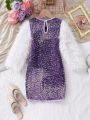 SHEIN Kids QTFun Toddler Girls' Elegant Beaded Plush Long Sleeve Dress For Parties, Autumn & Winter