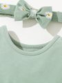 SHEIN Newborn Baby Girls' Round Collar Sleeveless Floral Print Dress With Headband Set