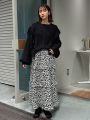 FRIFUL Women's Leopard Print Black & White Long Skirt