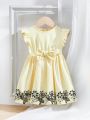 SHEIN Infant Girls' Cute Sleeveless Dress With Pale Yellow Bowknot & Lace Details