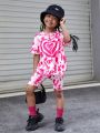 SHEIN Kids EVRYDAY Young Girl 2pcs/Set Casual Tie-Dye Heart Pattern T-Shirt And Shorts