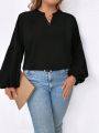 SHEIN LUNE Plus Size Solid Color Notched Neck Lantern Sleeve Shirt