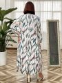 Plus Size Botanical Print Lantern Sleeve Dress