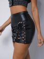 Asavvy Grommet Lace Up PU Leather Skirt