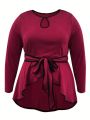 Plus Size Women's Keyhole Collar Tie Belt T-Shirt