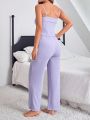 Solid Color Casual Cami Top With Split Hem Homewear Set