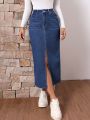 SHEIN LUNE Ladies' Long Denim Skirt With Front Slit