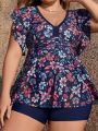 SHEIN Swim Classy Plus Size Floral Print Butterfly Sleeve Two-piece Swimsuit