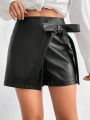 SHEIN Privé Pu Pants/skirt With Bowknot Tie