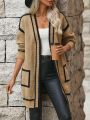 Contrast Binding Dual Pocket Drop Shoulder Open Front Cardigan