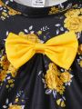 Toddler Girls' Flower Print Doll Collar Top And Yellow Shorts Set For Summer