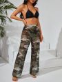 SHEIN Swim Y2GLAM Women'S Solid Color Bikini With Camouflage Print Cover Up Shirt And Pants Swimwear Set