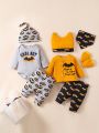 SHEIN Baby Boy Cartoon Letter Pattern Bodysuit, Pants, Top, Hat, Gloves, Bib Gift Set