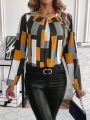 Plus Geometric Color Block Round Neck Shirt