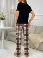 Bear Print Pajamas Checked Home Wear Set