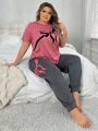 Plus Size Bowknot Print Pajamas Set With Bow Detail