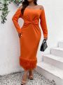 Plus Size Solid Color Off Shoulder Twist Knitted Hem Furry Dress