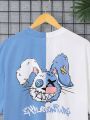 SHEIN Teenage Boys' Casual Loose Fit Rabbit Pattern Color Block Short Sleeve T-Shirt With Fun Design