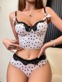 Ladies' Heart Printed Splice Lace Lingerie Set