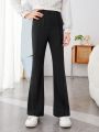 SHEIN Kids FANZEY Big Girls' Knitted Solid Color Slim Fit Elegant Flared Pants