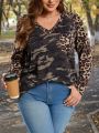 SHEIN LUNE Plus Size Camouflage & Leopard Print V-neck T-shirt