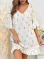 Floral Print Flounce Sleeve Ruffle Hem Nightdress